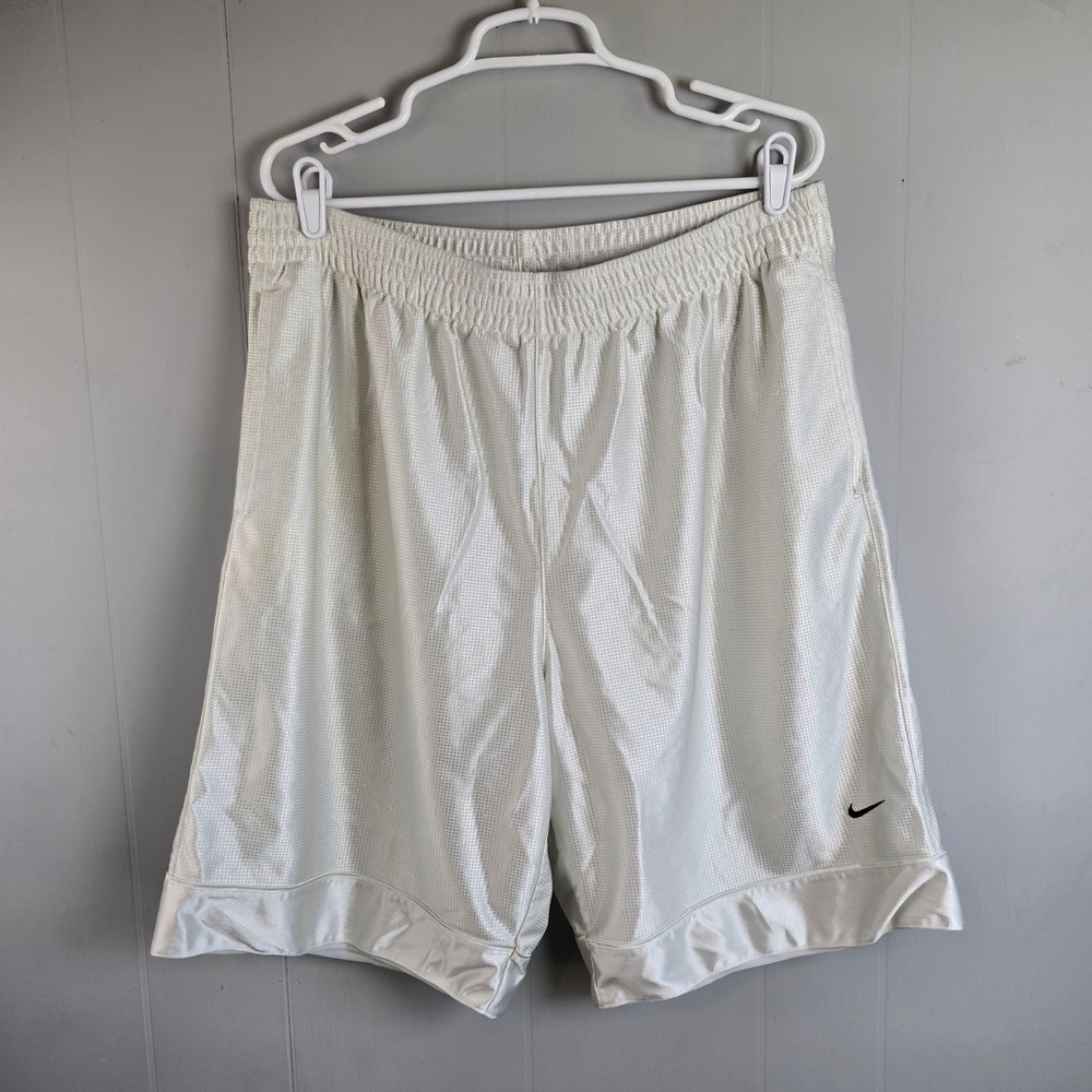 Nike Basketball Shorts  XL Retro White Mesh Shiny Satin Trim Embroidered Swoosh